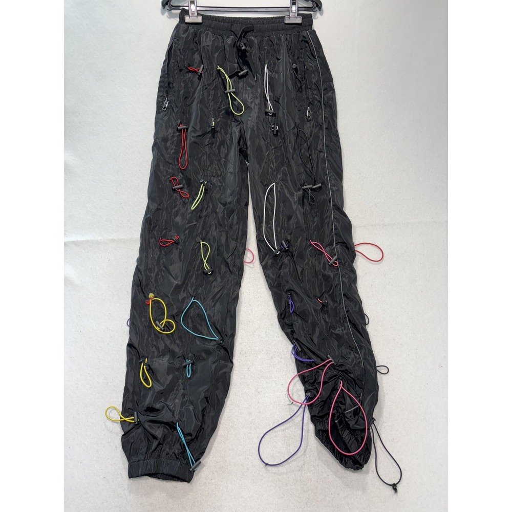 Windbreaker Pants Mens 27x31 Black Multicolor Bungee Cord Techwear Joggers
